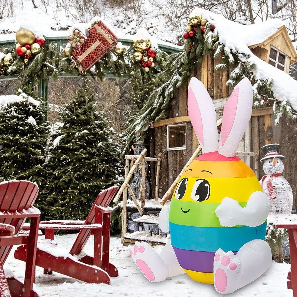 5 Feet Rainbow Egg with Bunny Ear Inflatable Easter Bunny Blowup Outdoor Toys with Build-in LEDs Yard Lawn Garden Decorations