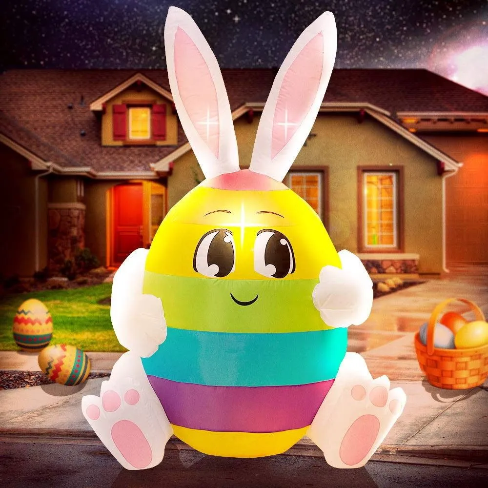 5 Feet Rainbow Egg with Bunny Ear Inflatable Easter Bunny Blowup Outdoor Toys with Build-in LEDs Yard Lawn Garden Decorations