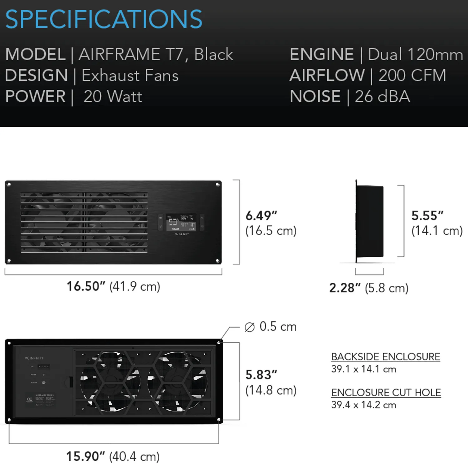 AC Infinity AIRFRAME T7 Black, Equipment Closet and Room Fan System 17", Exhaust