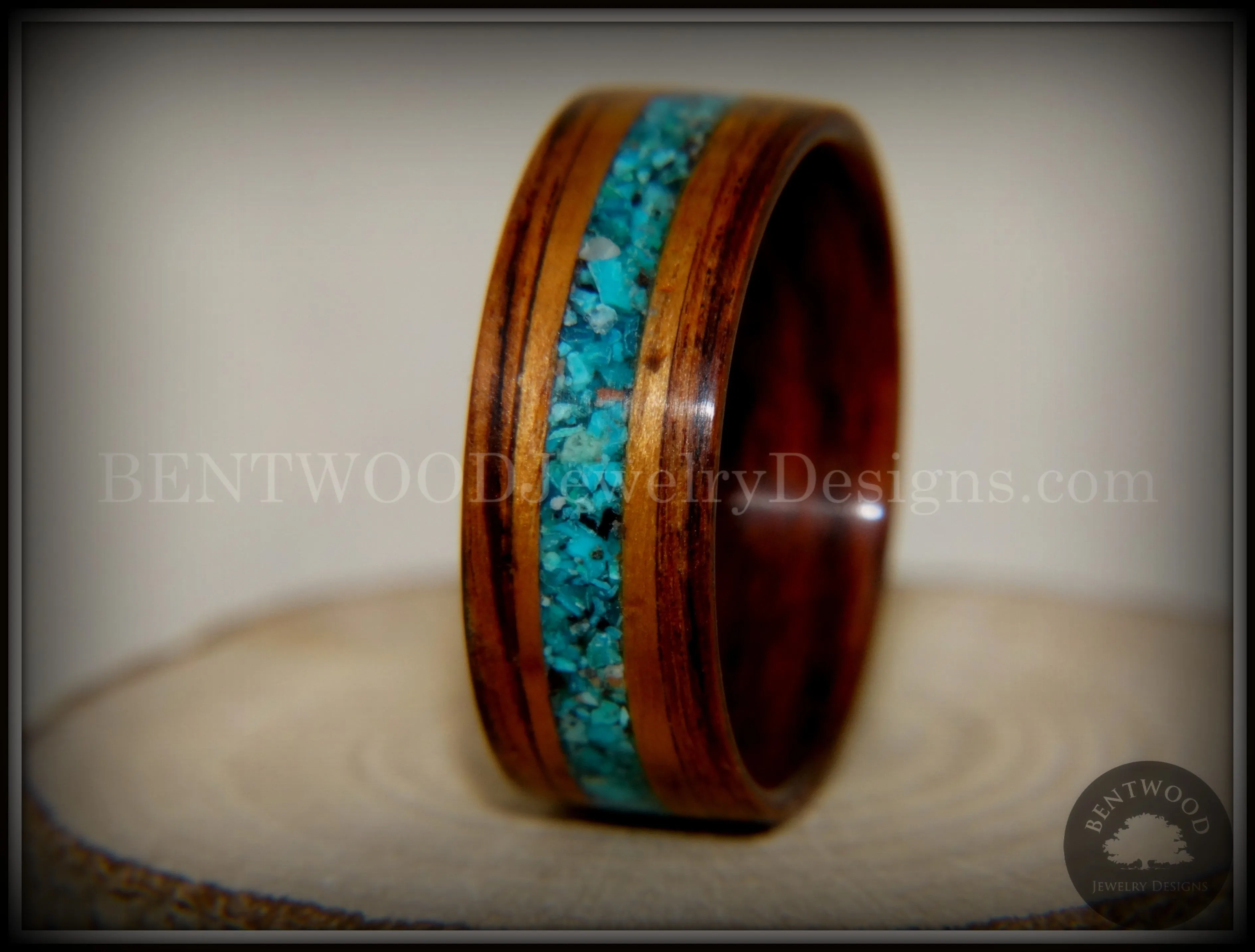 Bentwood Ring - Kingwood, Koa Wood and Chrysocolla Inlay