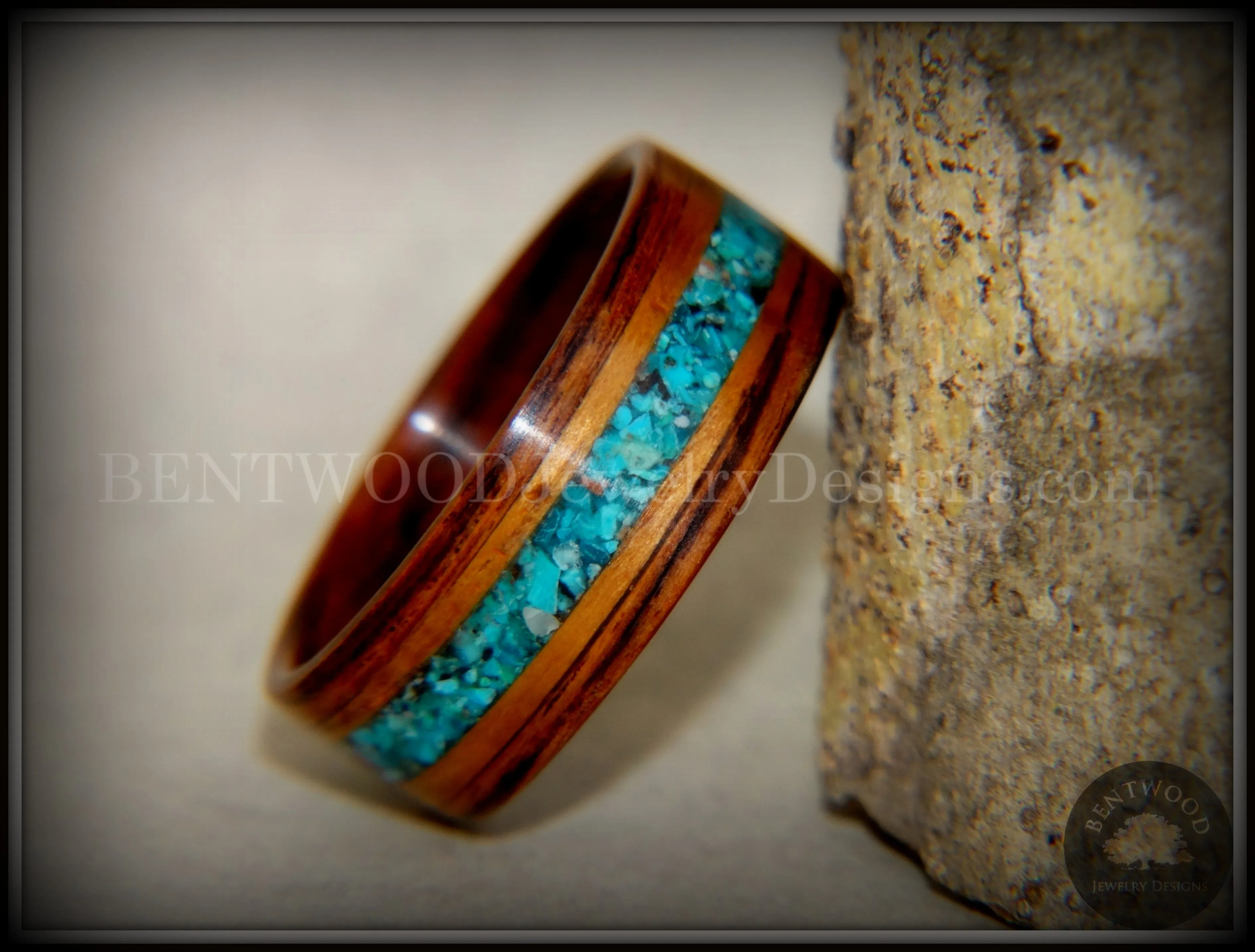 Bentwood Ring - Kingwood, Koa Wood and Chrysocolla Inlay