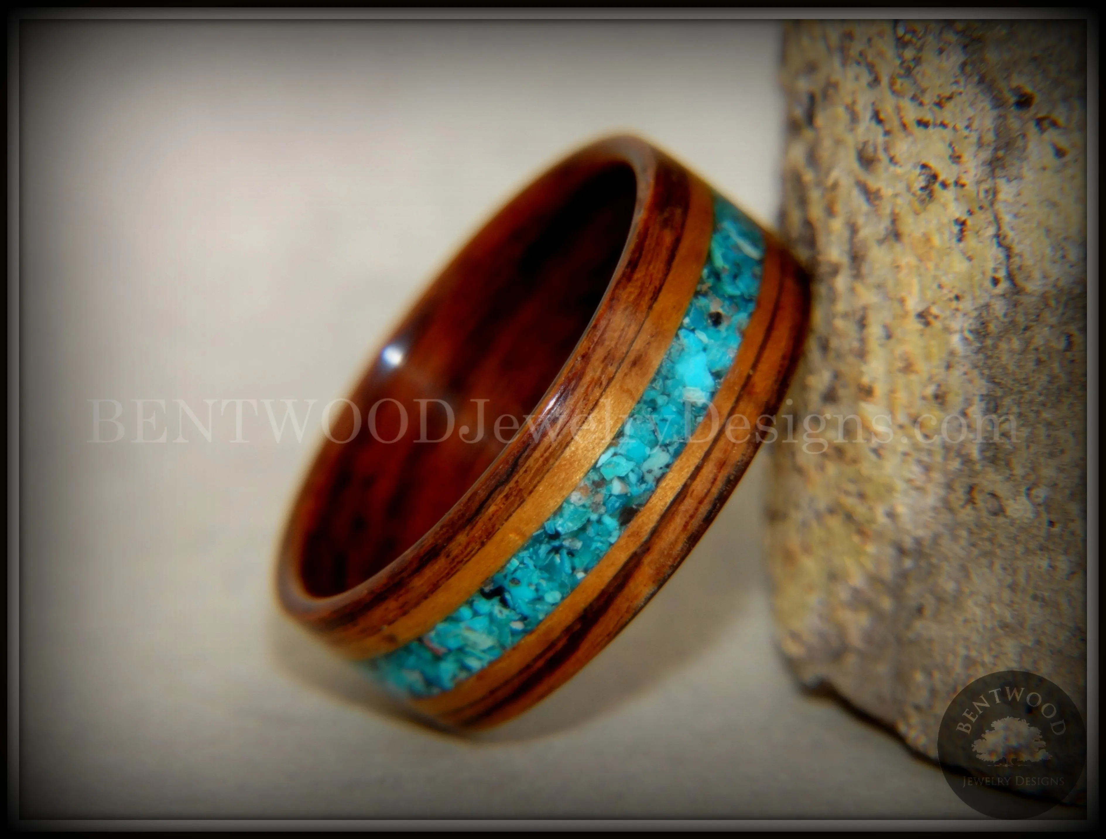 Bentwood Ring - Kingwood, Koa Wood and Chrysocolla Inlay