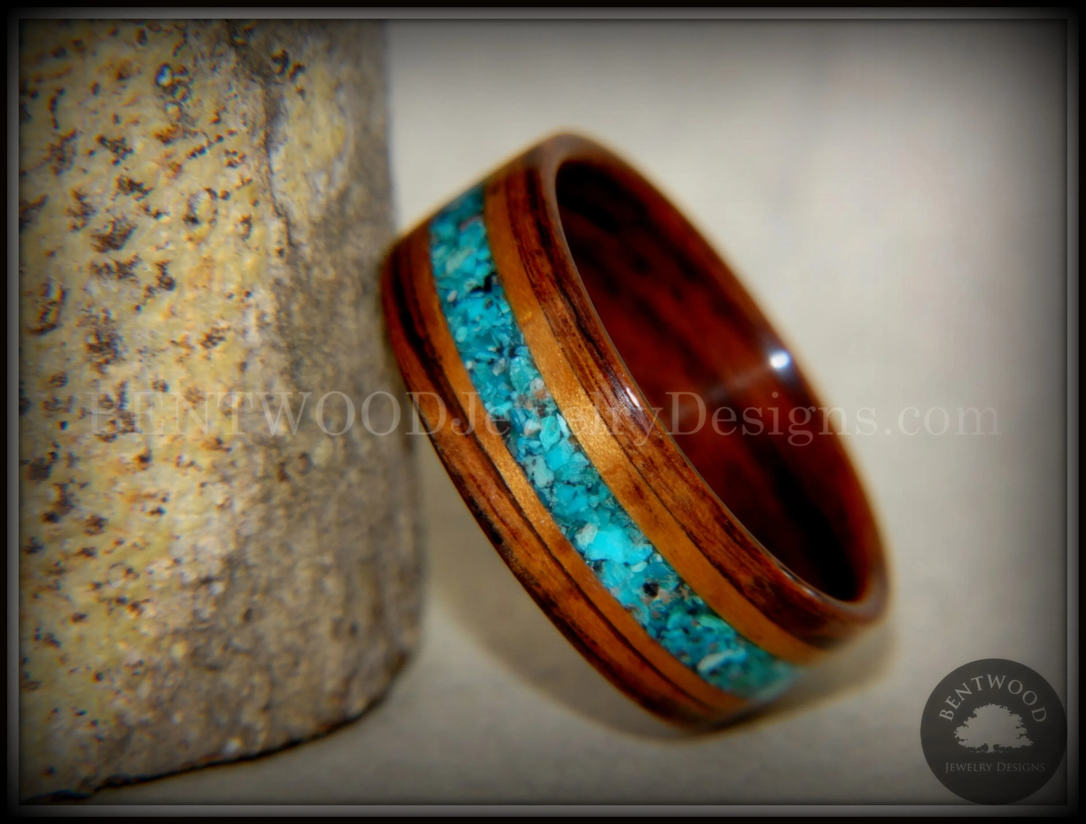 Bentwood Ring - Kingwood, Koa Wood and Chrysocolla Inlay