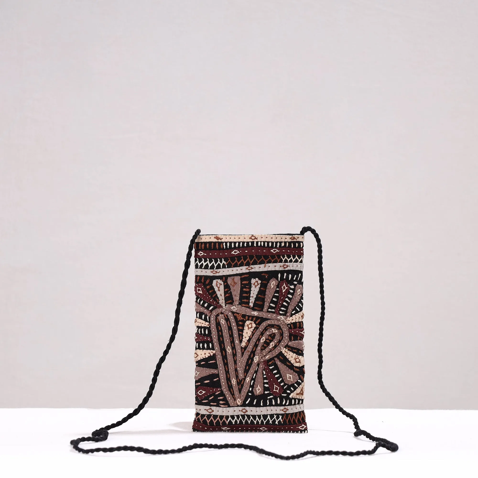 Black - Kutch Dhebariya Qatab Hand Embroidery Cotton Sling Dori Mobile Pouch