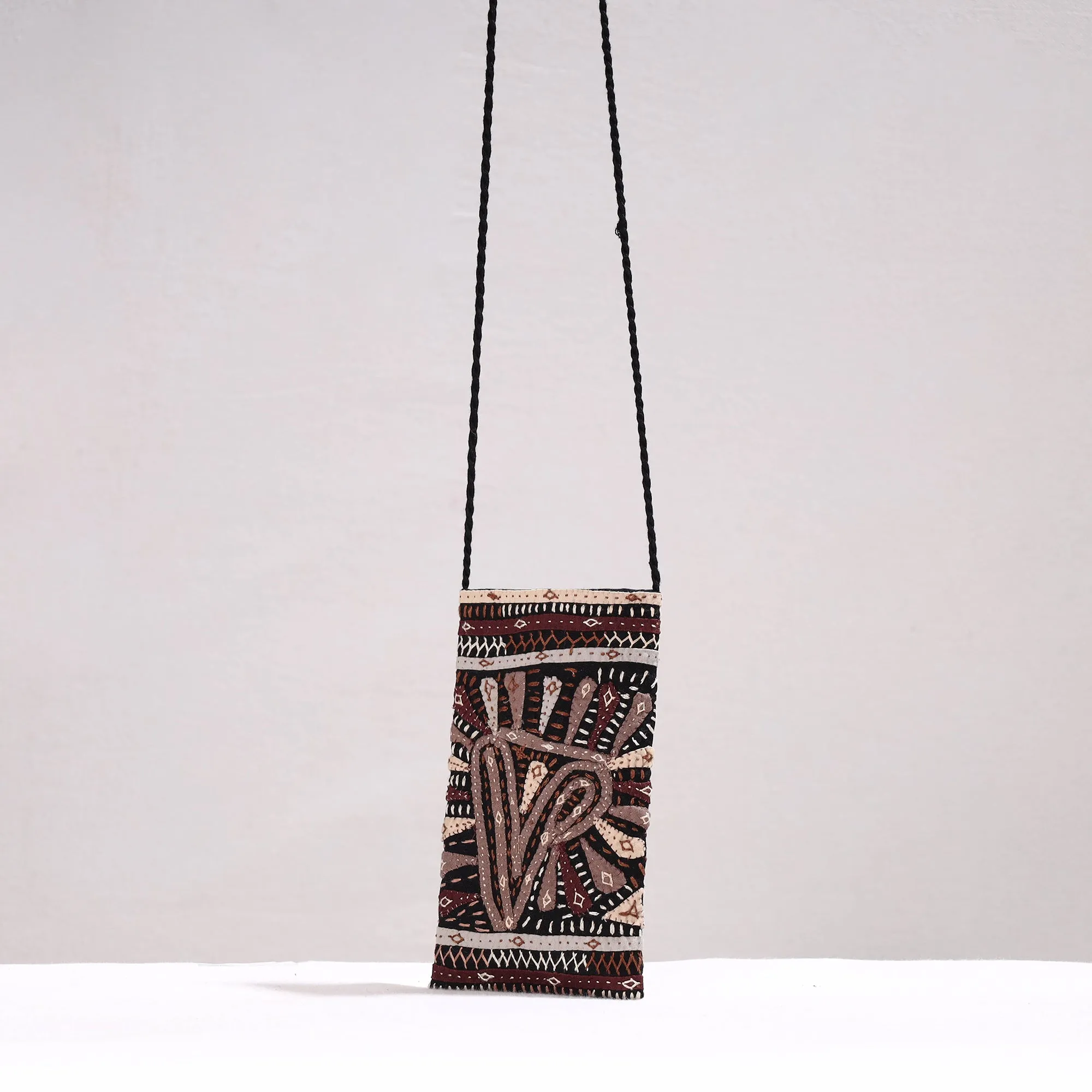 Black - Kutch Dhebariya Qatab Hand Embroidery Cotton Sling Dori Mobile Pouch