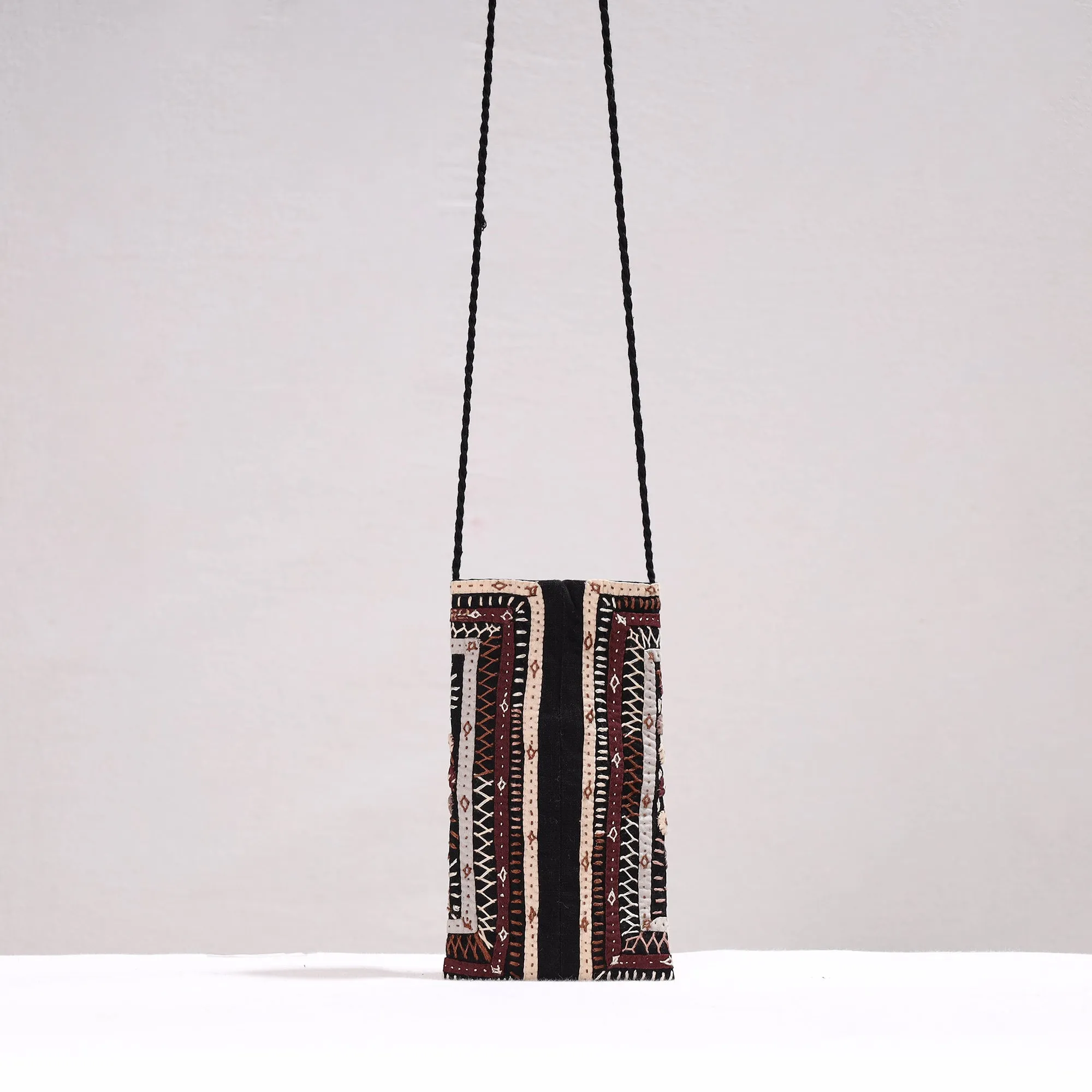 Black - Kutch Dhebariya Qatab Hand Embroidery Cotton Sling Dori Mobile Pouch