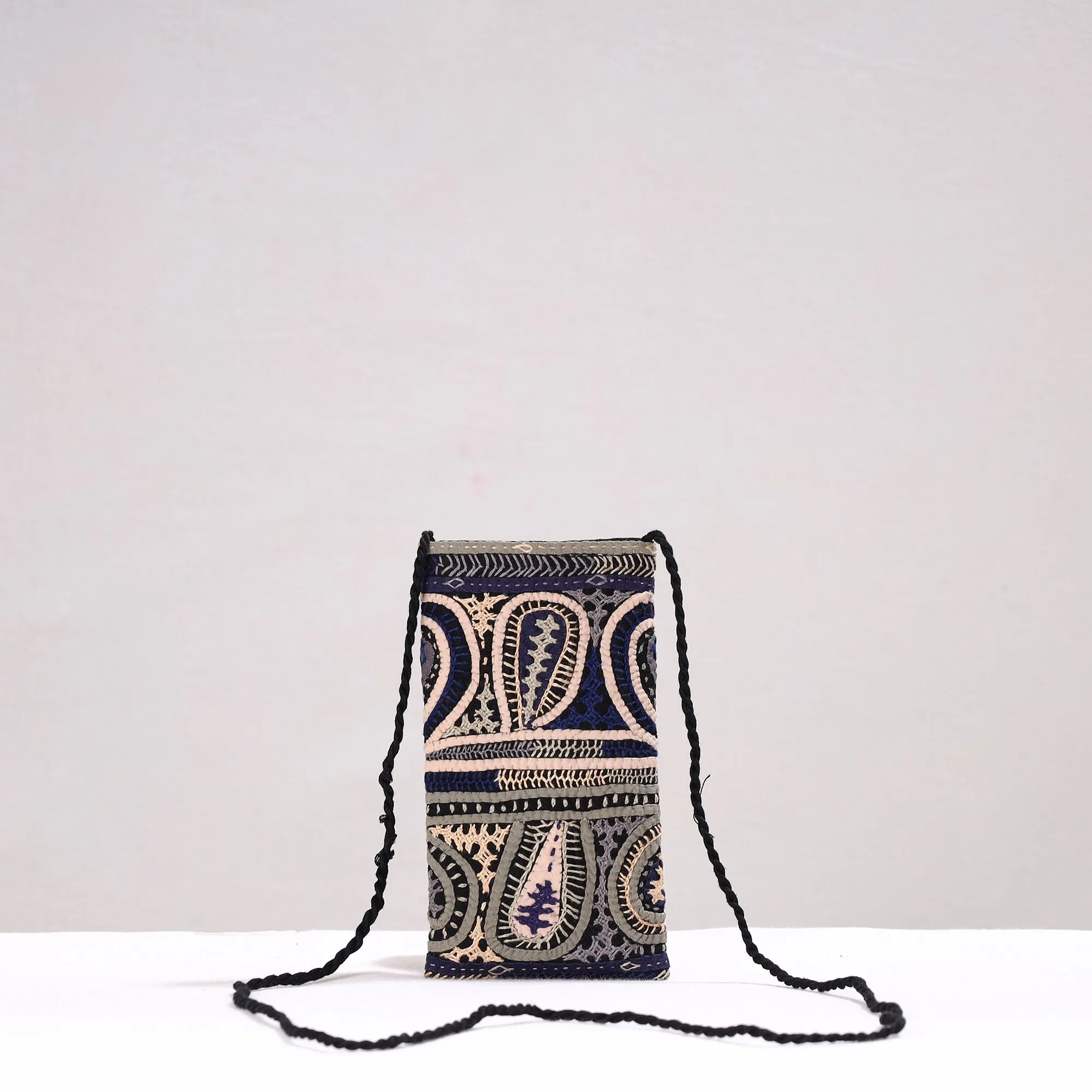 Blue - Kutch Dhebariya Qatab Hand Embroidery Cotton Sling Dori Mobile Pouch