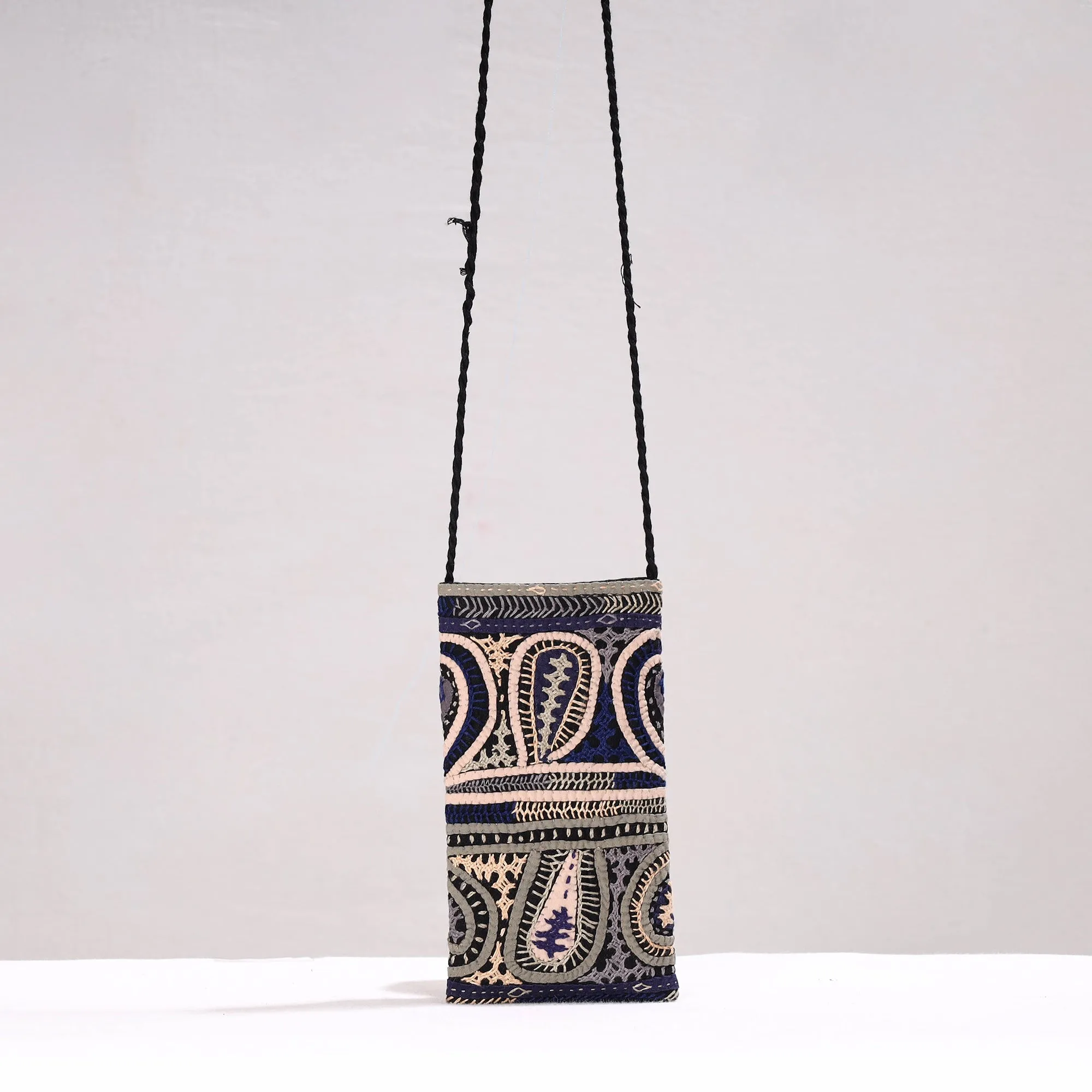 Blue - Kutch Dhebariya Qatab Hand Embroidery Cotton Sling Dori Mobile Pouch