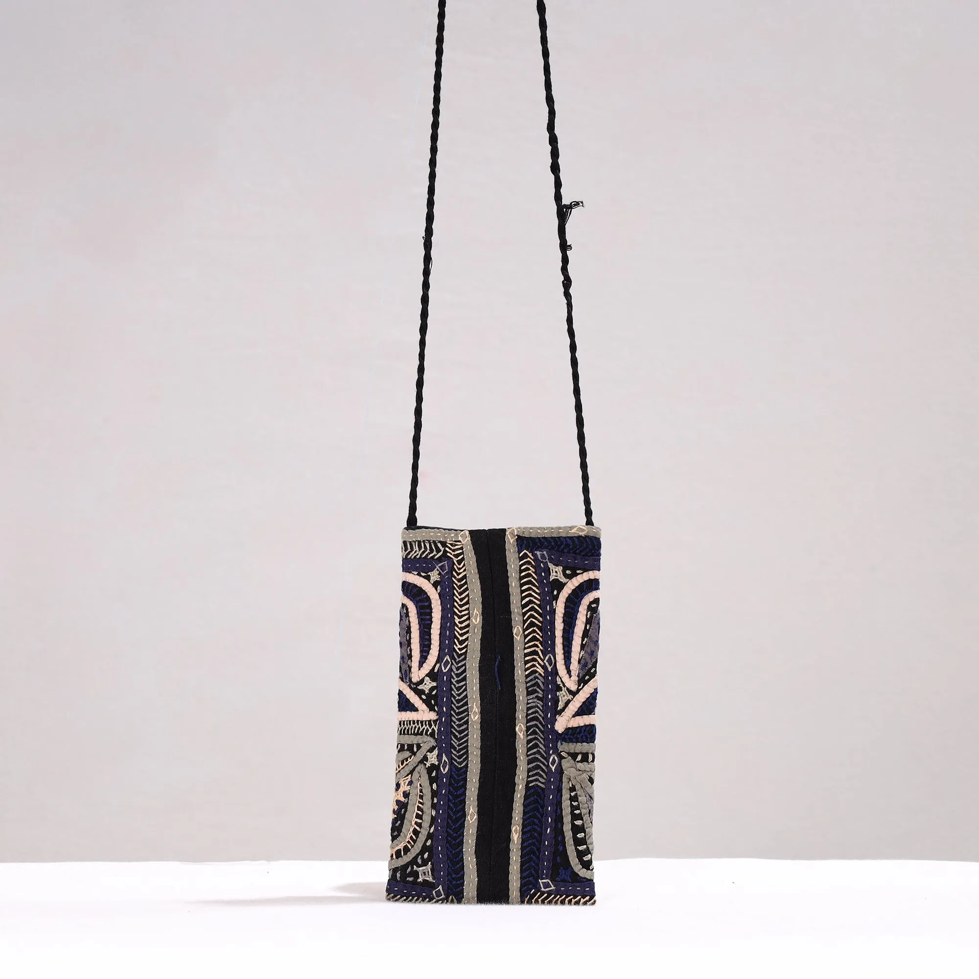 Blue - Kutch Dhebariya Qatab Hand Embroidery Cotton Sling Dori Mobile Pouch