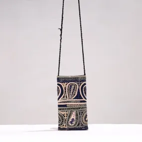 Blue - Kutch Dhebariya Qatab Hand Embroidery Cotton Sling Dori Mobile Pouch