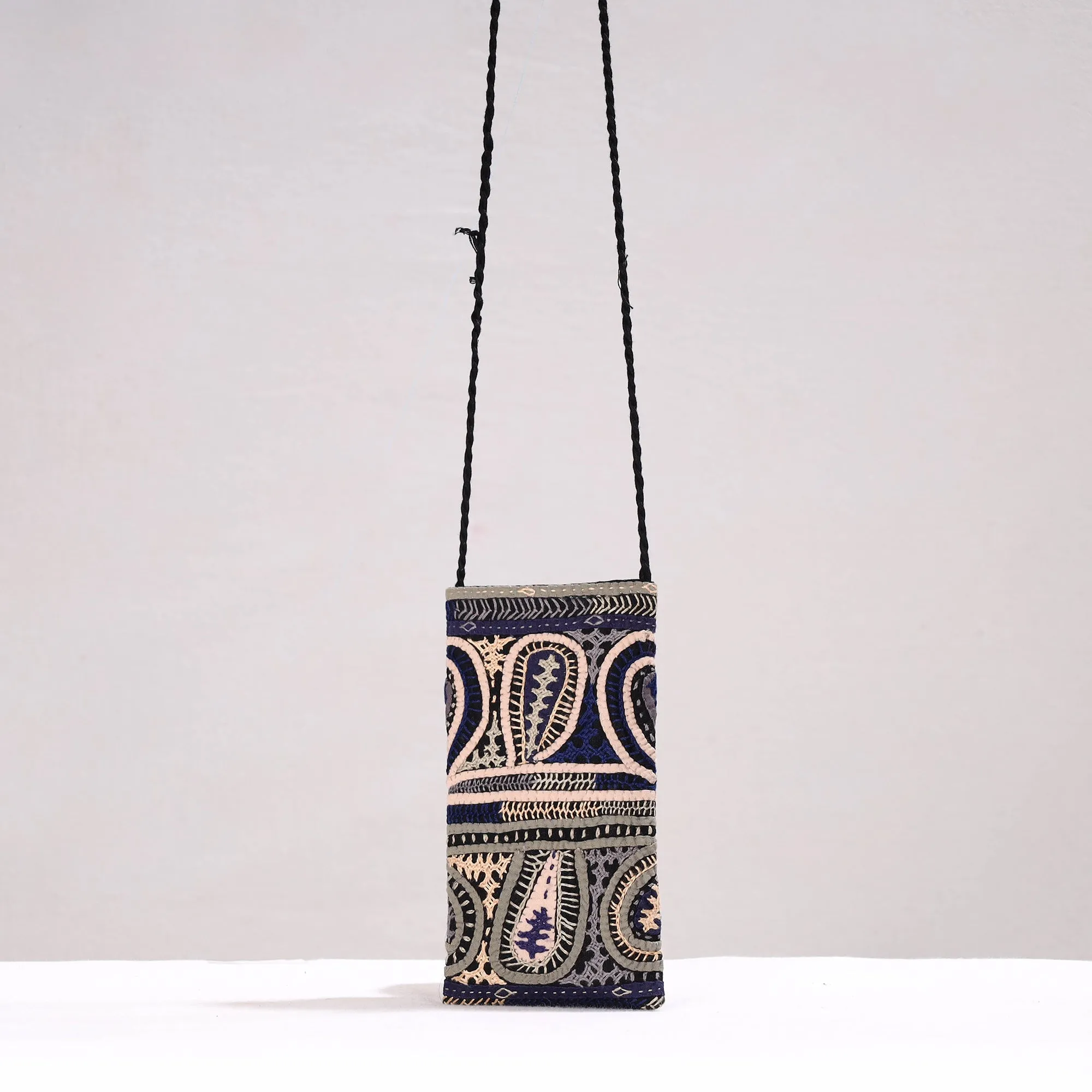 Blue - Kutch Dhebariya Qatab Hand Embroidery Cotton Sling Dori Mobile Pouch