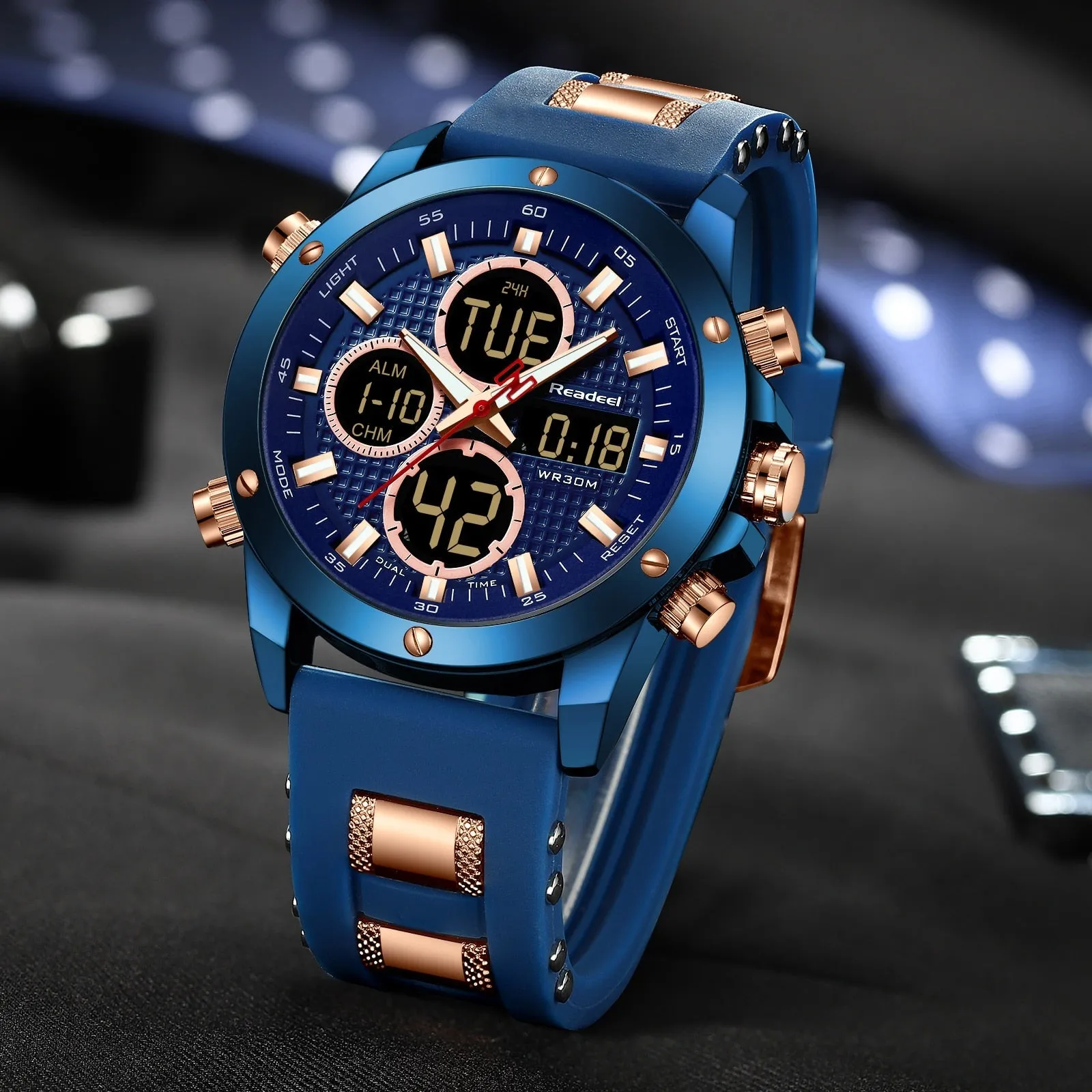Brand Luxury Men's Chronograph Gold Quatz Digital Led Sport Watch Waterproof Wristwatch