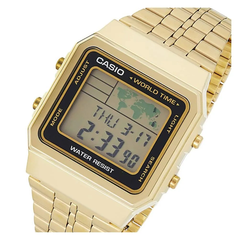 Casio Classic 34mm World Time Gold Steel Digital Men's Watch - A500WGA-1D