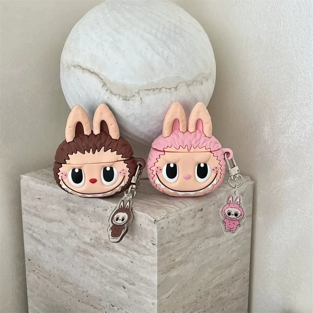 Cute Cartoon Silicone Labubu with Keychain | Brown Pink Green - AirPods AirPodsPro AirPods3 Case