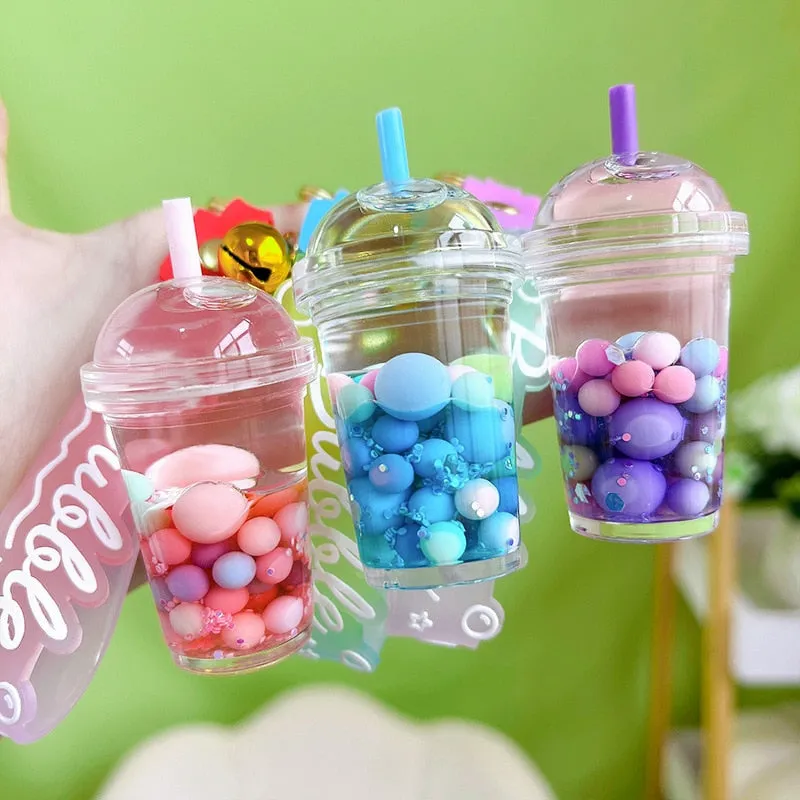 Cute Liquid Multi-colored Floating Bubble Boba Pearl Milk Tea Cup Jelly Bean Keyring Backpack Pendant Charm Keychain  