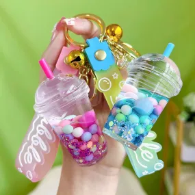 Cute Liquid Multi-colored Floating Bubble Boba Pearl Milk Tea Cup Jelly Bean Keyring Backpack Pendant Charm Keychain  