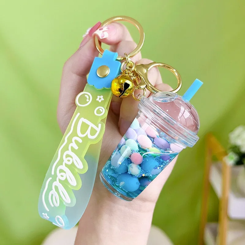 Cute Liquid Multi-colored Floating Bubble Boba Pearl Milk Tea Cup Jelly Bean Keyring Backpack Pendant Charm Keychain  