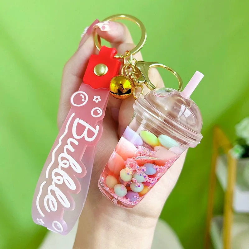 Cute Liquid Multi-colored Floating Bubble Boba Pearl Milk Tea Cup Jelly Bean Keyring Backpack Pendant Charm Keychain  