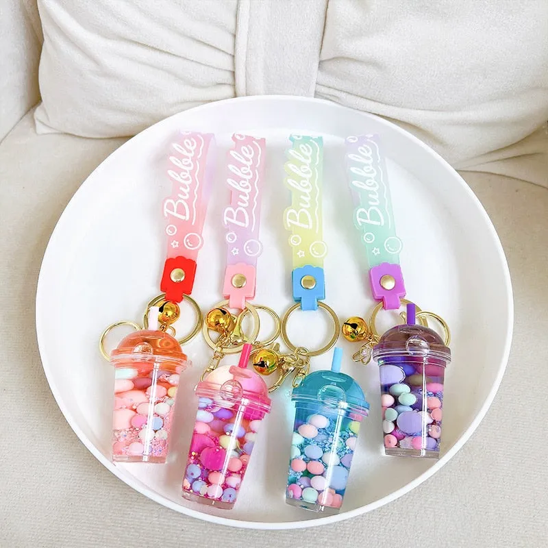 Cute Liquid Multi-colored Floating Bubble Boba Pearl Milk Tea Cup Jelly Bean Keyring Backpack Pendant Charm Keychain  