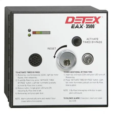 Detex EAX-3500SK Exit Alarm, Surface Mount Only Kit, 24VAC/DC Hardwired Timed Bypass Surface Exit Alarm with Rechargeable Battery, Surface Door Contacts, Plug-in Transformer, Less Cylinder