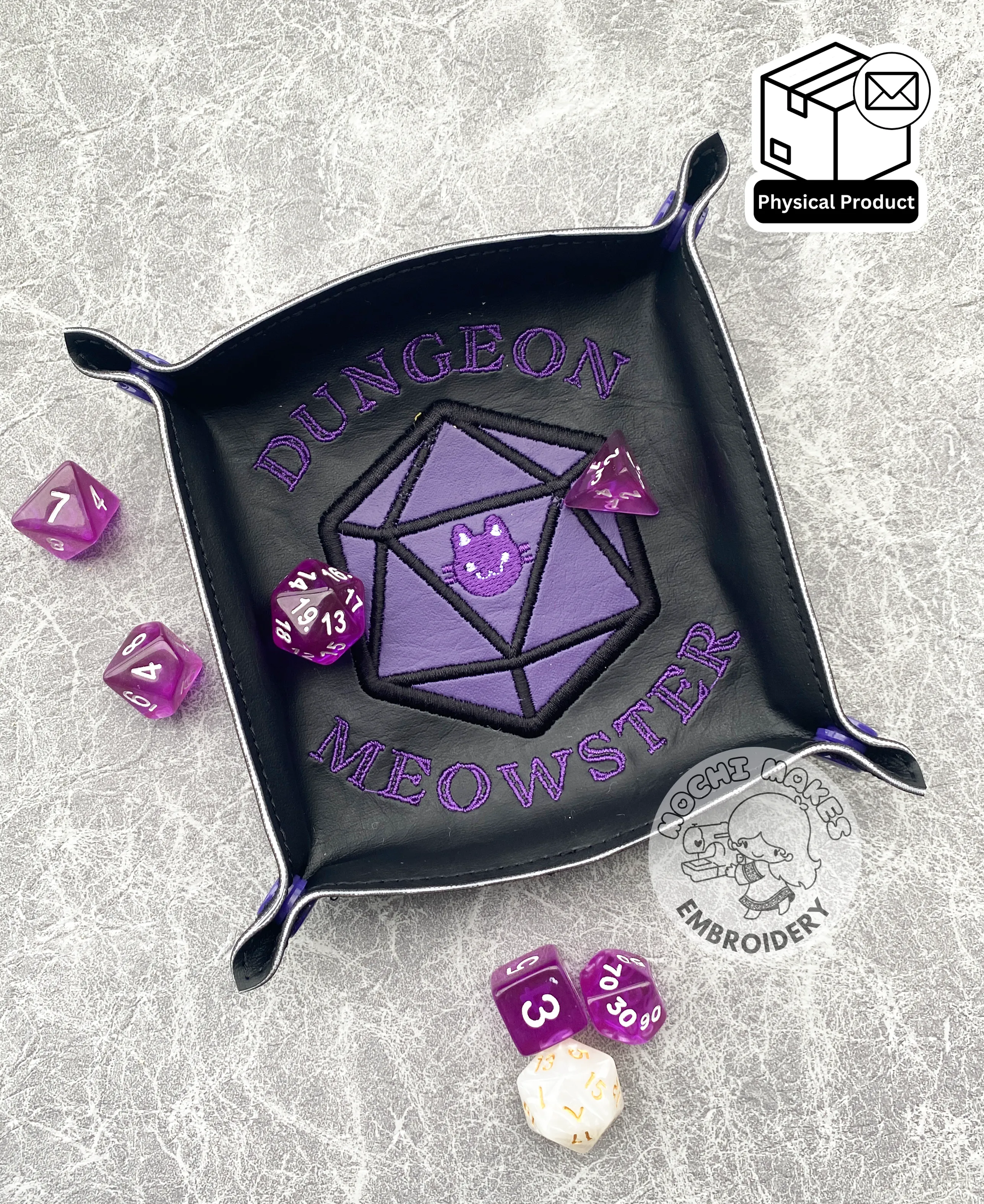 Dungeon Meowster Embroidered Dice Tray DND Dungeons Dragons D20 Critical Role Play Board Game Cat Kitty Neko Geek Nerd TTRPG Magic Fantasy