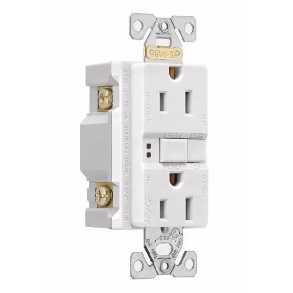 Eaton Wiring Devices TRAFGF15W-K-L Duplex Receptacle Wallplate, 2 -Pole, 15 A, 125 V, Back, Side Wiring, White