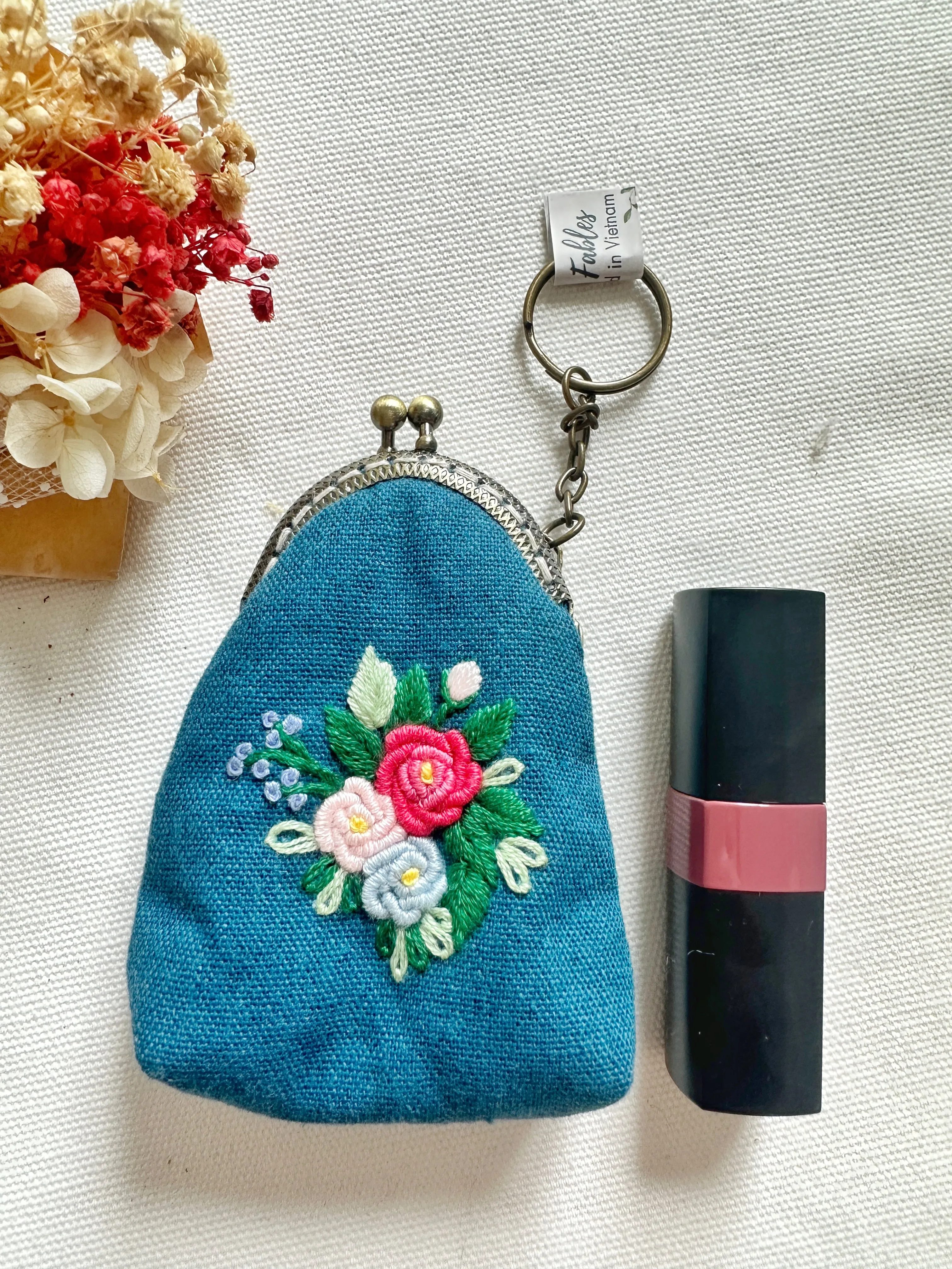 Floral Embroidered Keychain Pouch