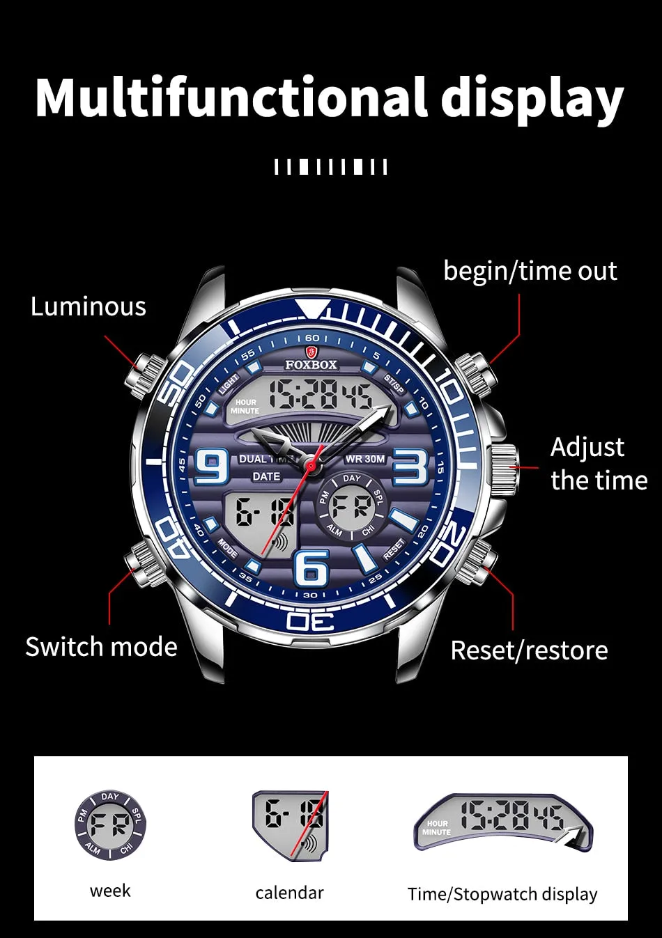 Lige Brand Foxbox Digital Mens Watches Sport Quartz Wristwatch All Steel Military Waterproof Watch
