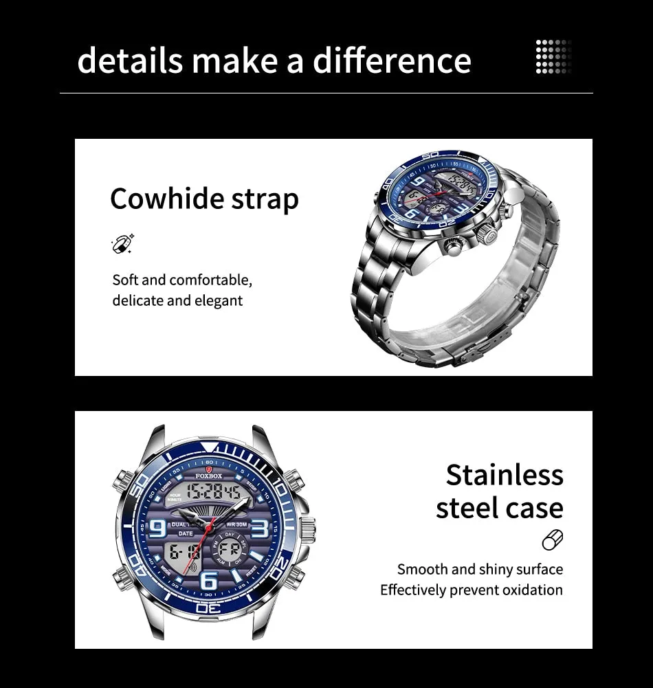 Lige Brand Foxbox Digital Mens Watches Sport Quartz Wristwatch All Steel Military Waterproof Watch