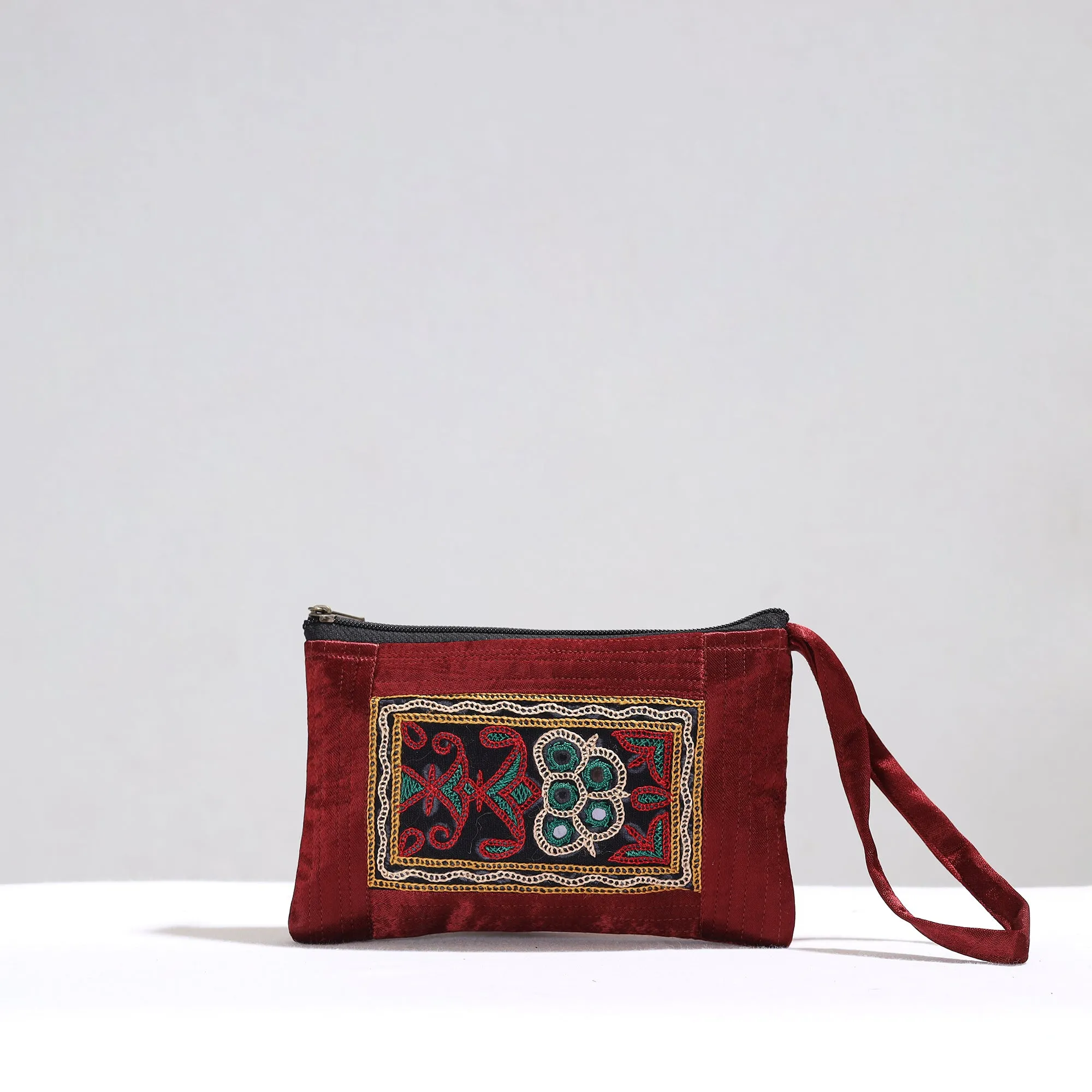 Maroon - Kutch Pakko Hand Embroidery Mirror Work Mashru Silk Mobile Pouch 96