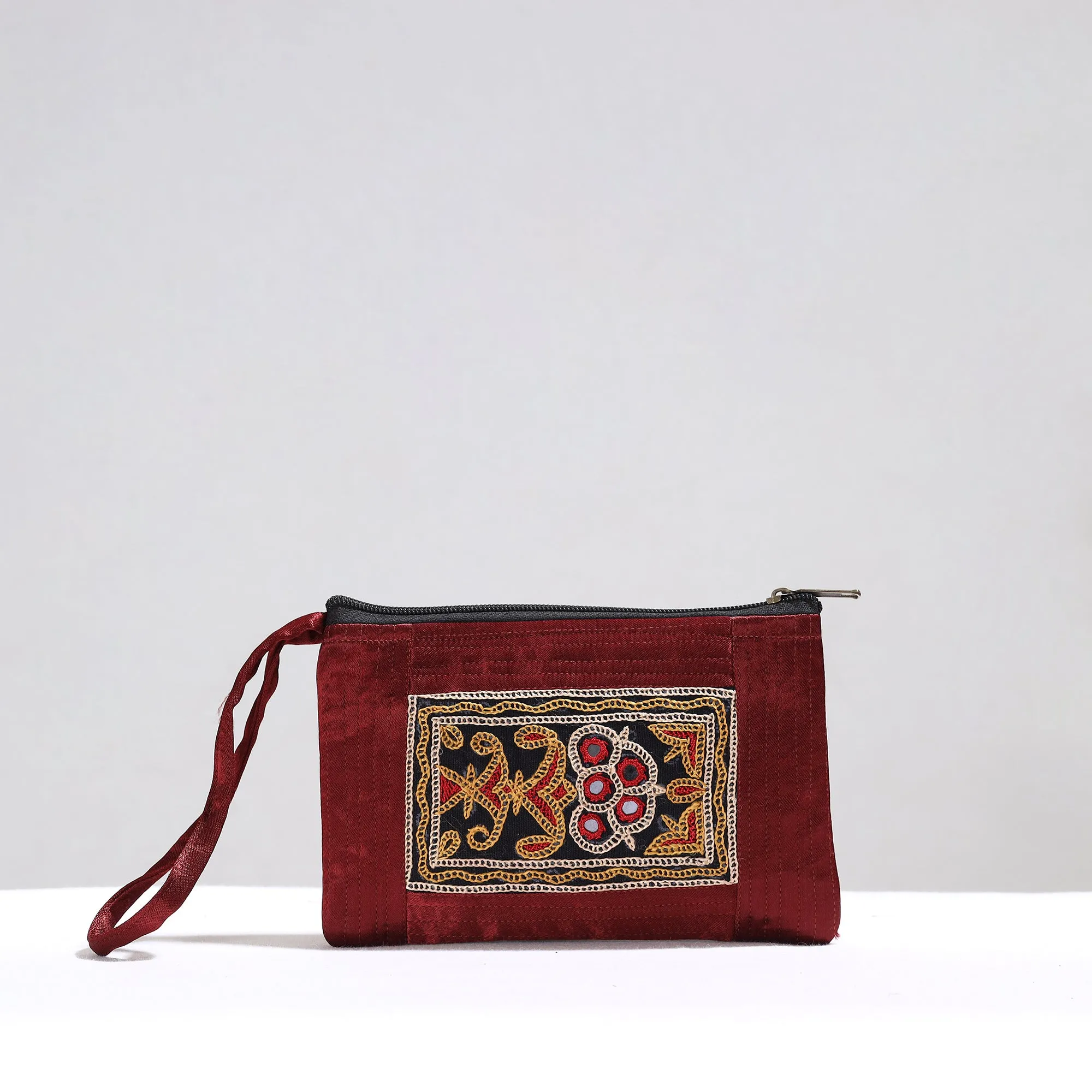 Maroon - Kutch Pakko Hand Embroidery Mirror Work Mashru Silk Mobile Pouch 97
