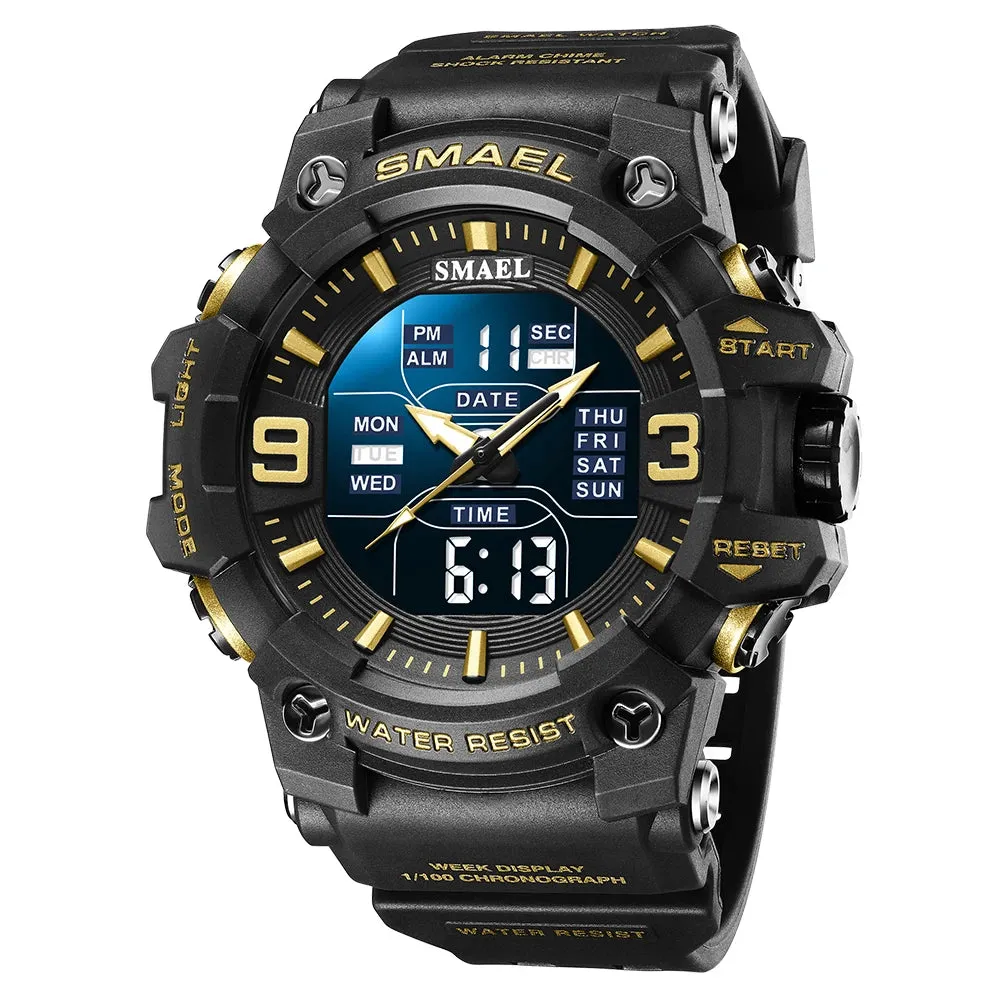 Men Watch Sport Waterproof LED Light Alarm Clock Dual Time Display Week Auto Date Wristwatches 8049 Quartz Watches Sports Time