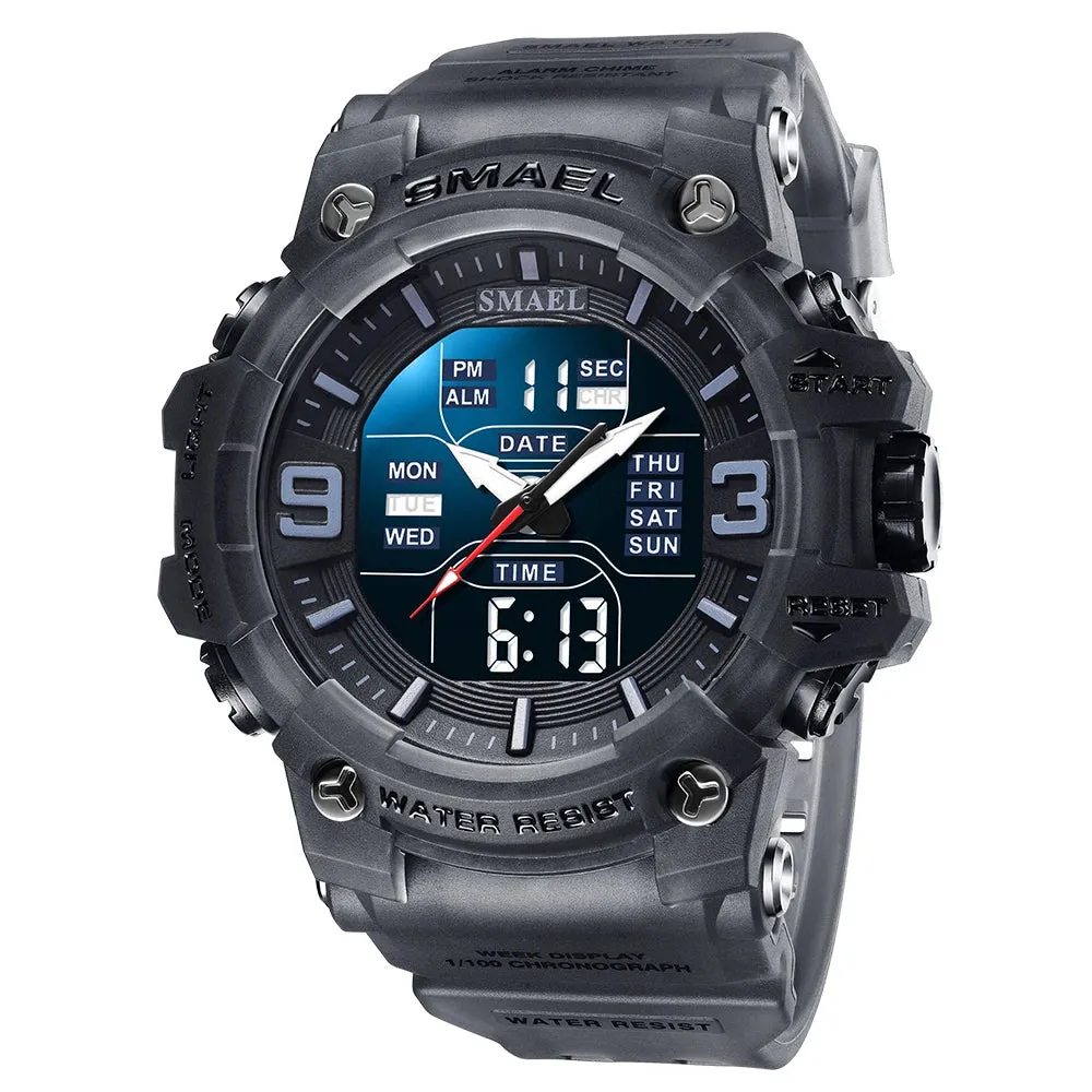 Men Watch Sport Waterproof LED Light Alarm Clock Dual Time Display Week Auto Date Wristwatches 8049 Quartz Watches Sports Time