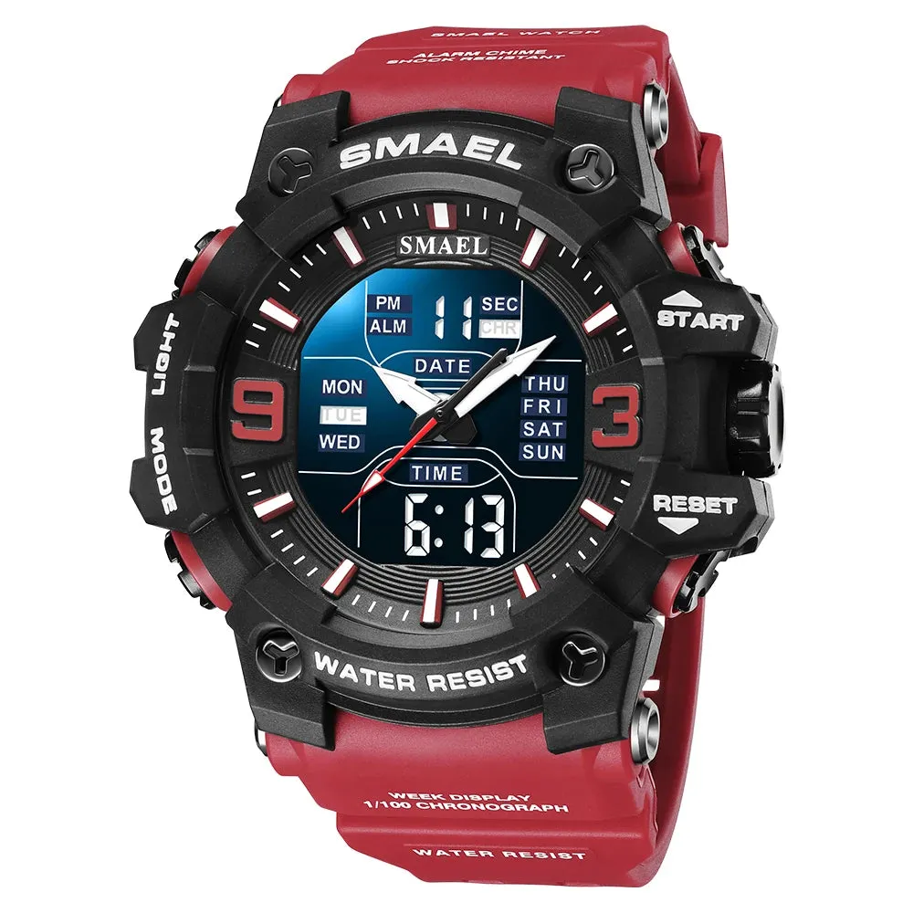 Men Watch Sport Waterproof LED Light Alarm Clock Dual Time Display Week Auto Date Wristwatches 8049 Quartz Watches Sports Time