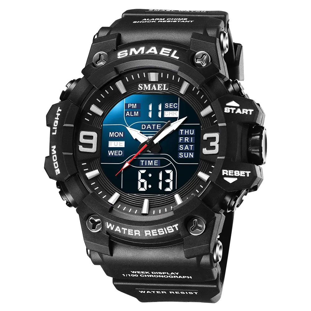 Men Watch Sport Waterproof LED Light Alarm Clock Dual Time Display Week Auto Date Wristwatches 8049 Quartz Watches Sports Time