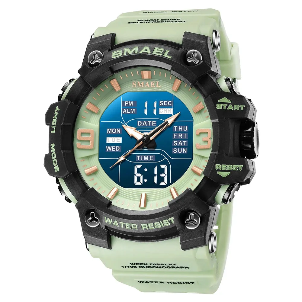 Men Watch Sport Waterproof LED Light Alarm Clock Dual Time Display Week Auto Date Wristwatches 8049 Quartz Watches Sports Time