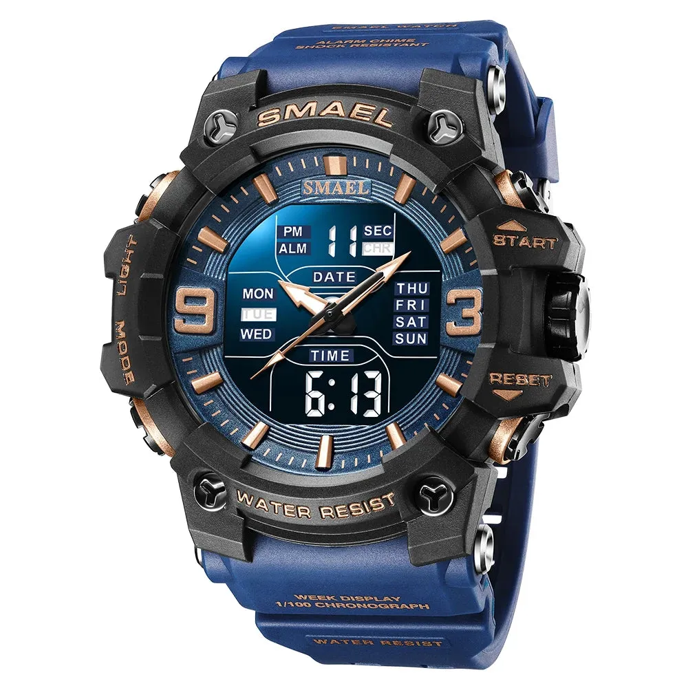Men Watch Sport Waterproof LED Light Alarm Clock Dual Time Display Week Auto Date Wristwatches 8049 Quartz Watches Sports Time