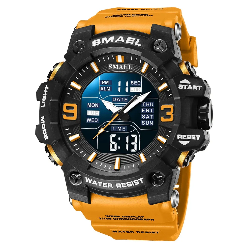 Men Watch Sport Waterproof LED Light Alarm Clock Dual Time Display Week Auto Date Wristwatches 8049 Quartz Watches Sports Time