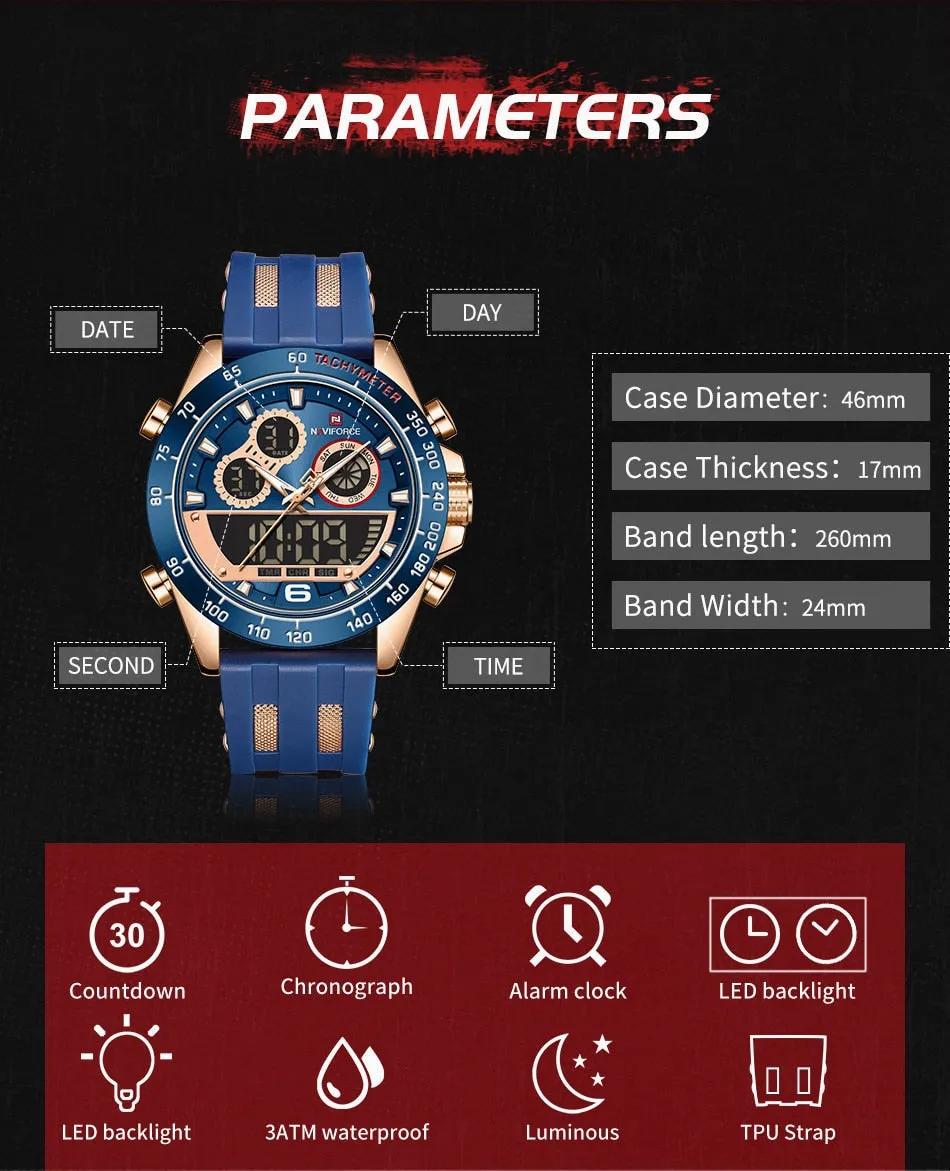 Men's Luxury Brand Digital Military Quartz Wrist Watch Sport Chronograph Silicone Strap Watches
