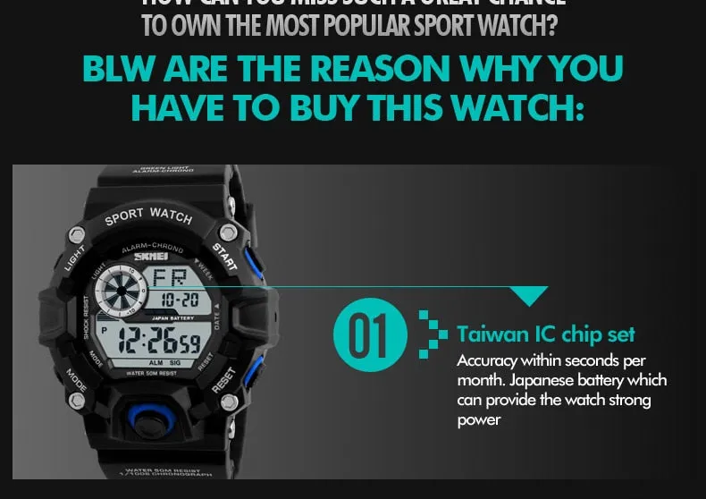 Men's Outdoor Sport Alarm Clock 5Bar Waterproof Military LED Display Shock Digital Watch