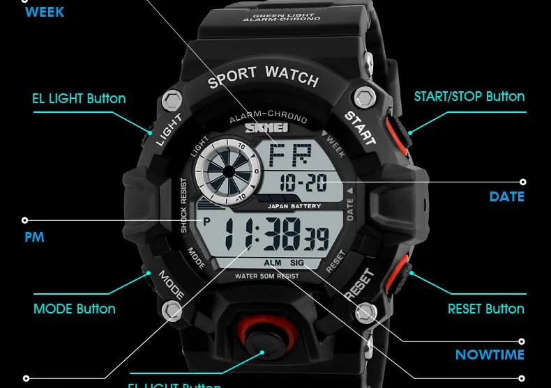 Men's Outdoor Sport Alarm Clock 5Bar Waterproof Military LED Display Shock Digital Watch