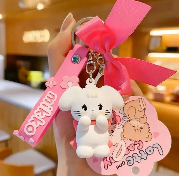 Mikko illustration Ribbon Keychain - Bear Latte Dog Souffie Kitten Mousse Rabbit Cammy