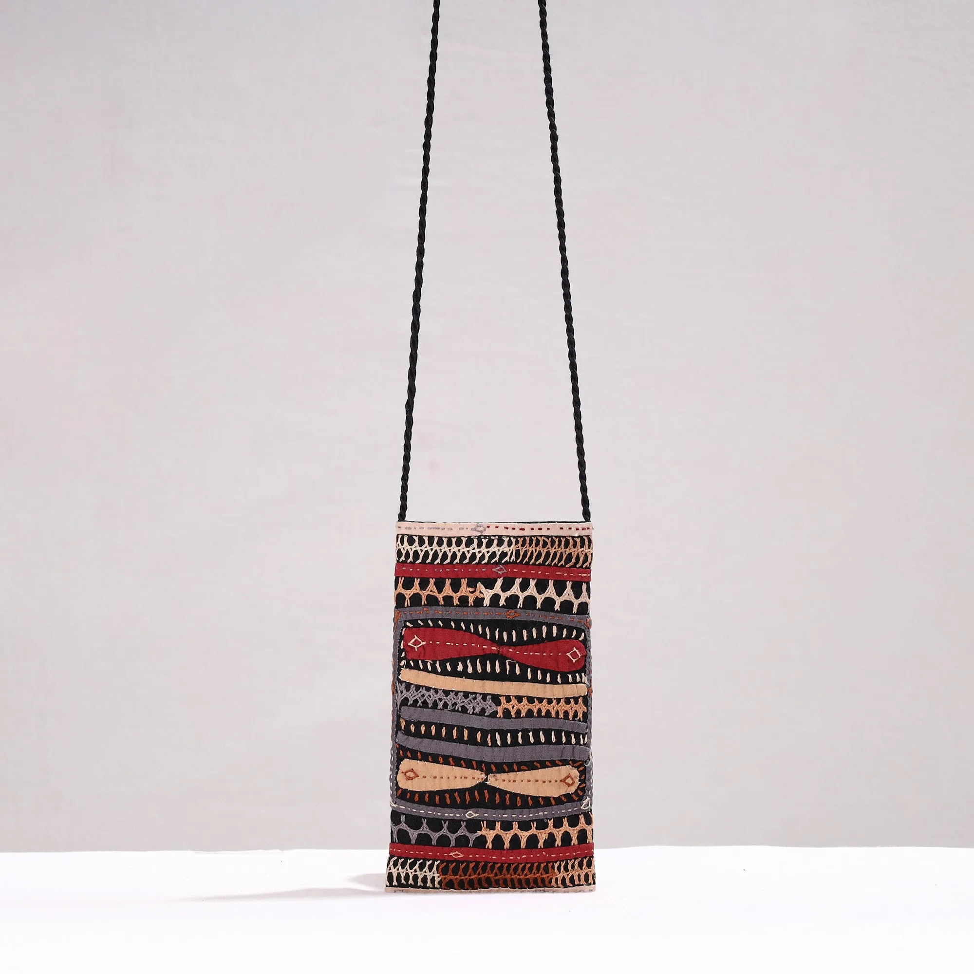 Multicolor - Kutch Dhebariya Qatab Hand Embroidery Cotton Sling Dori Mobile Pouch