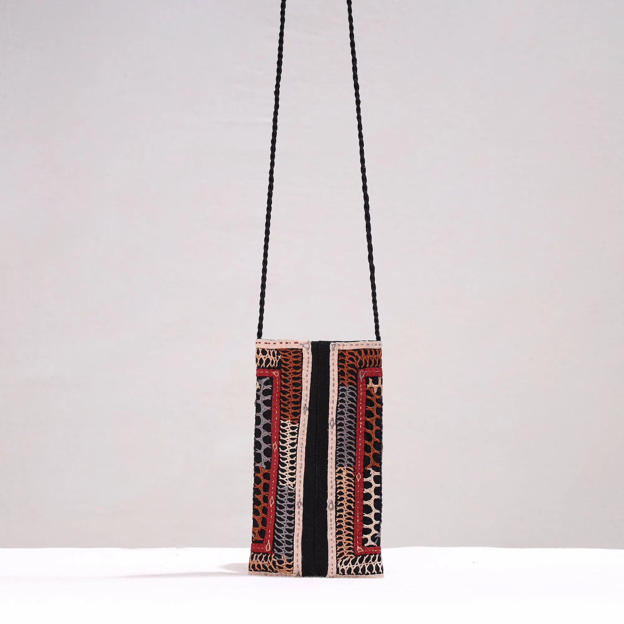 Multicolor - Kutch Dhebariya Qatab Hand Embroidery Cotton Sling Dori Mobile Pouch