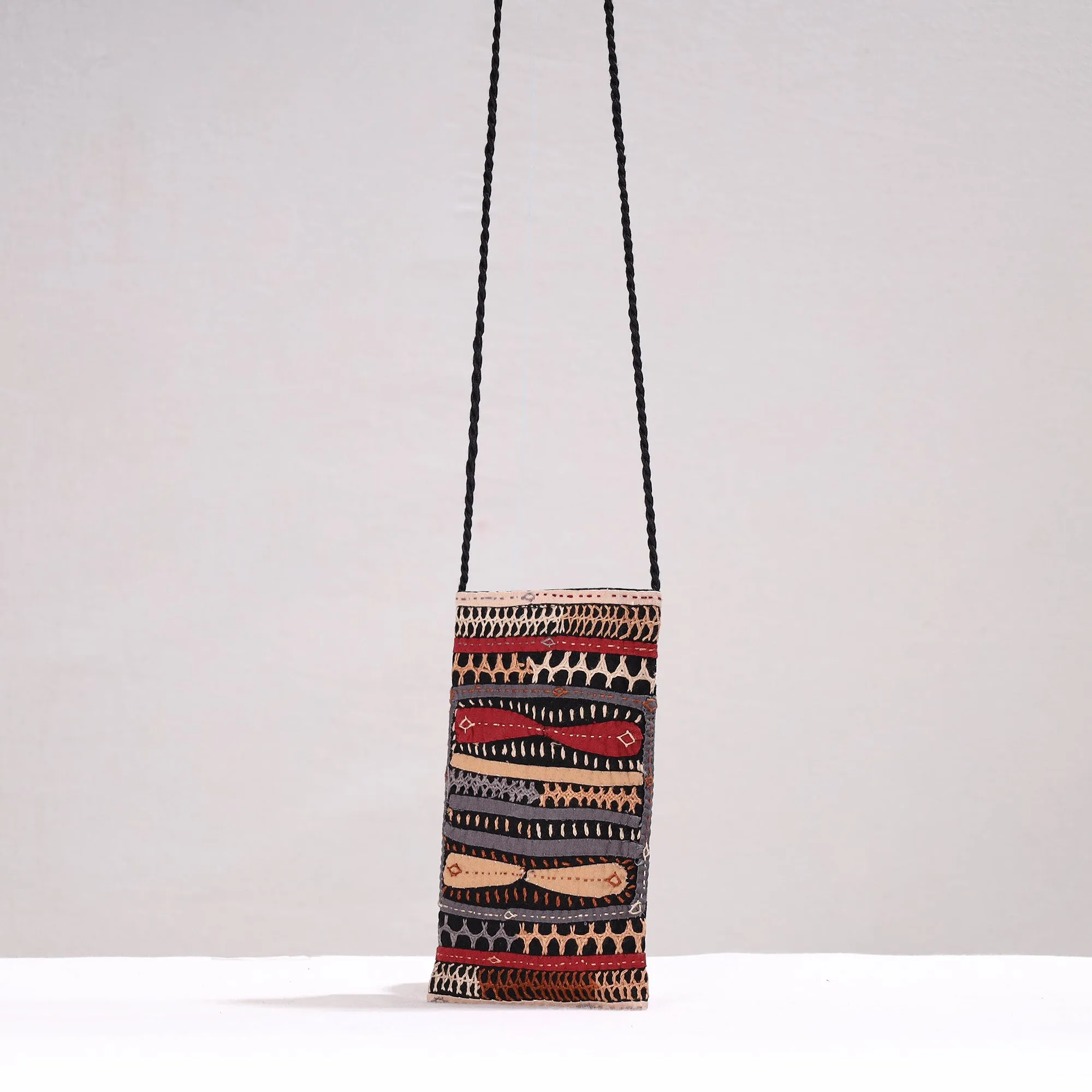 Multicolor - Kutch Dhebariya Qatab Hand Embroidery Cotton Sling Dori Mobile Pouch