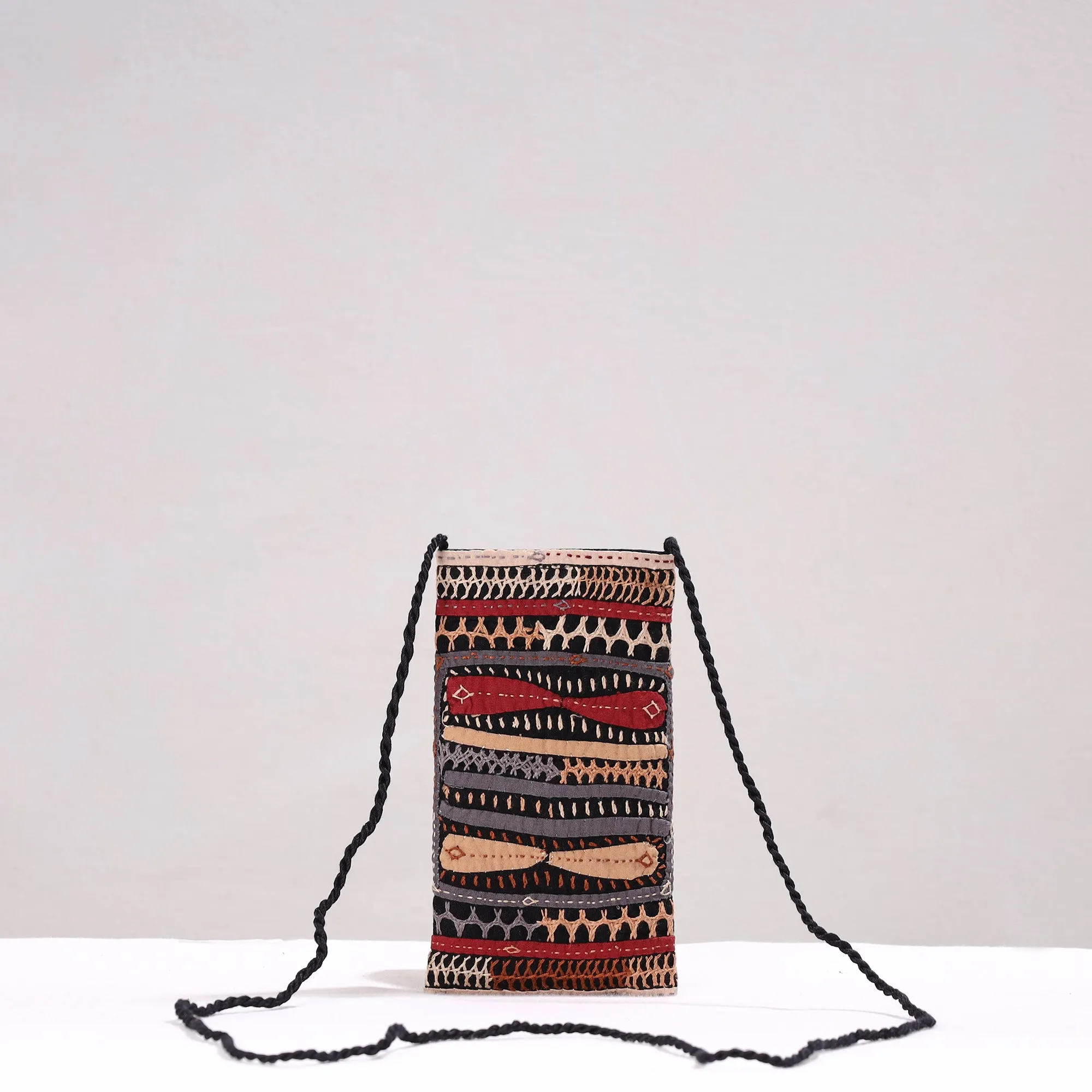 Multicolor - Kutch Dhebariya Qatab Hand Embroidery Cotton Sling Dori Mobile Pouch
