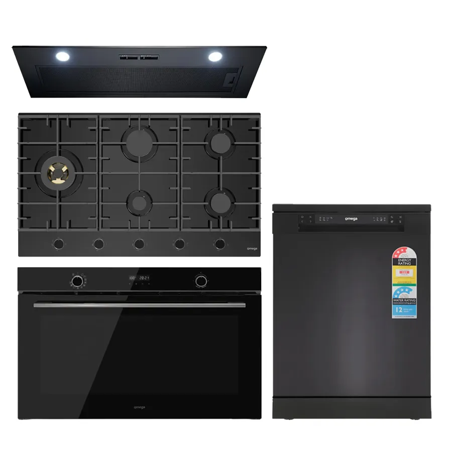 Omega OG901 90cm Kitchen Appliance Package, Gas Cooktop, Black