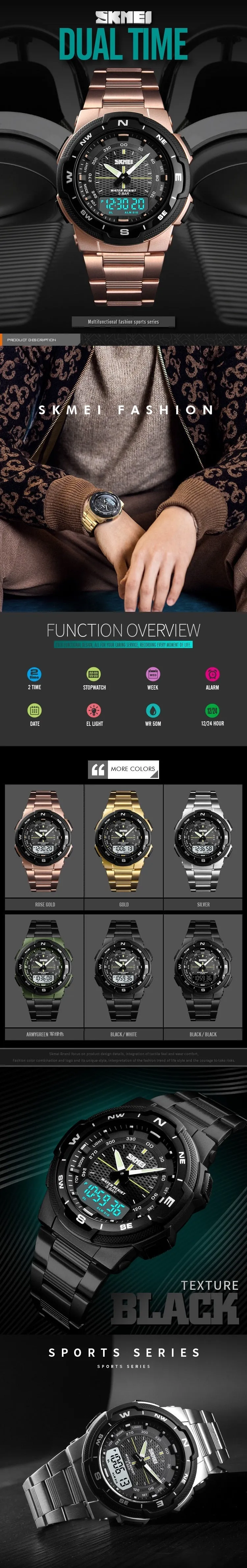 Outdoor Sport 50m Waterproof Digital Quartz Dual Time Military Sports Watch