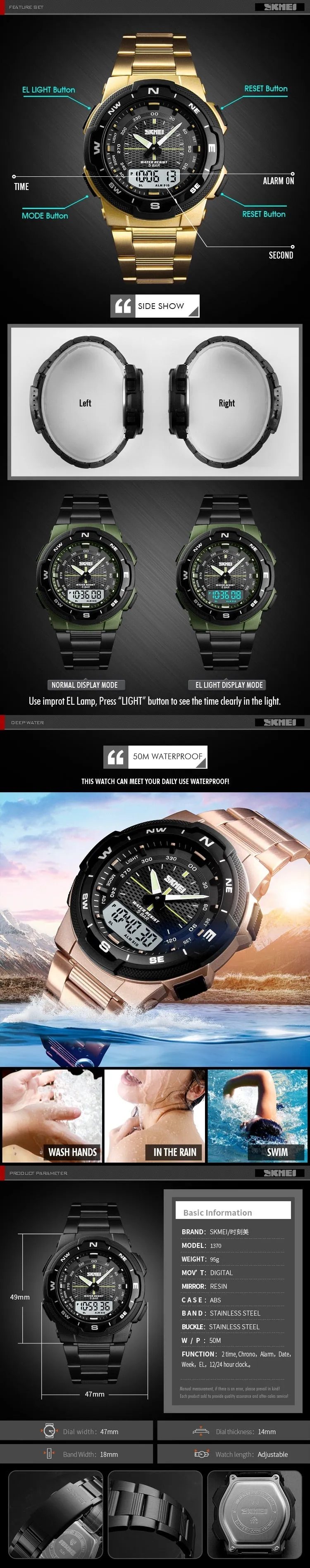 Outdoor Sport 50m Waterproof Digital Quartz Dual Time Military Sports Watch