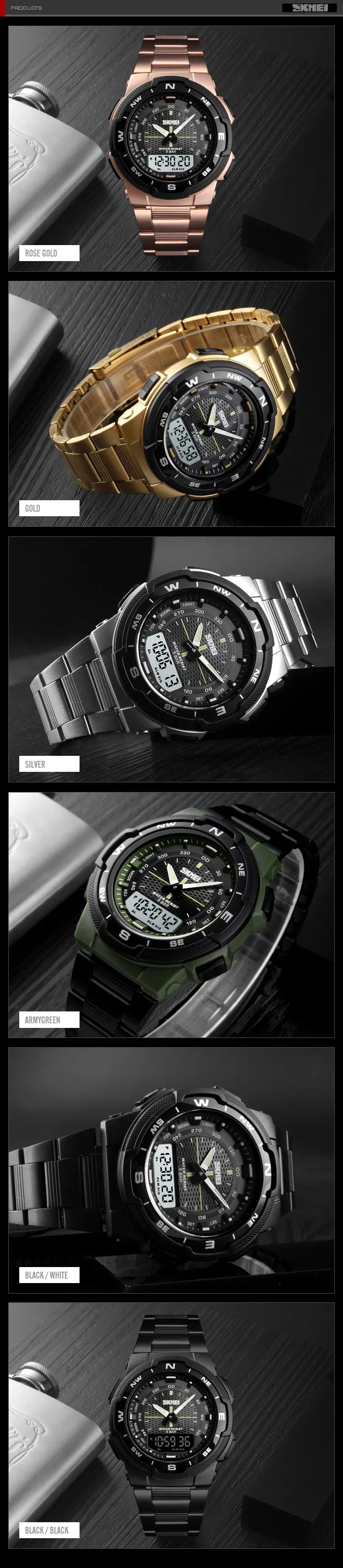 Outdoor Sport 50m Waterproof Digital Quartz Dual Time Military Sports Watch